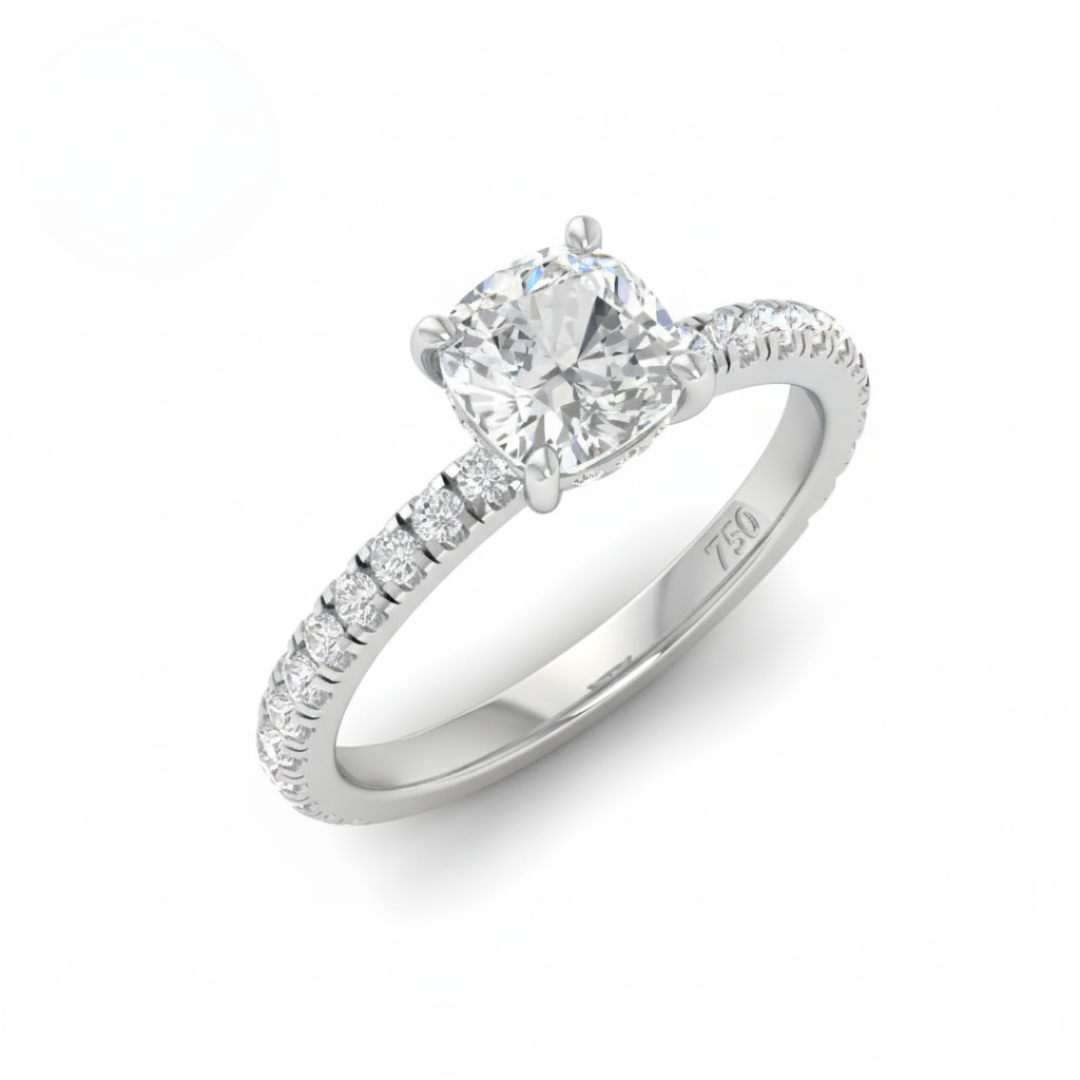 Lila Cushion Cut Diamond Engagement Ring with Diamond Hidden Halo and Diamond Band