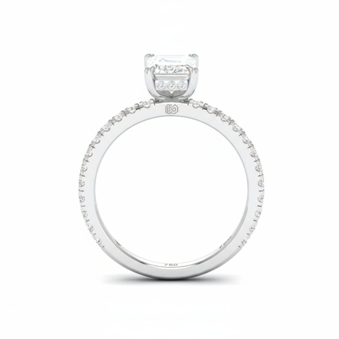 Lila Emerald Cut Diamond Engagement Ring with Diamond Hidden Halo and Diamond Band