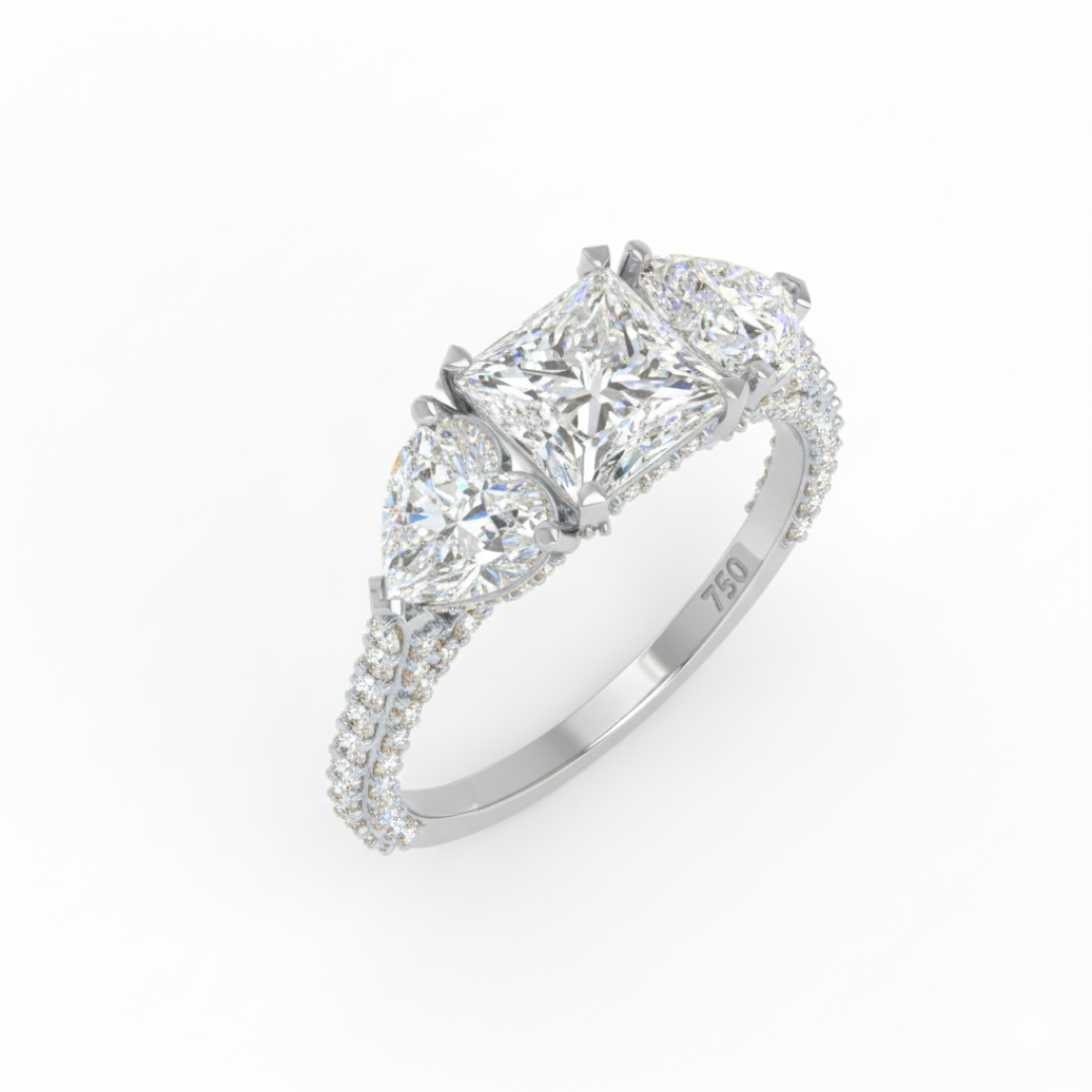 Vidhi Princess Cut Diamond Engagement Ring with Heart Cut Side Diamonds and 3D Diamond Band