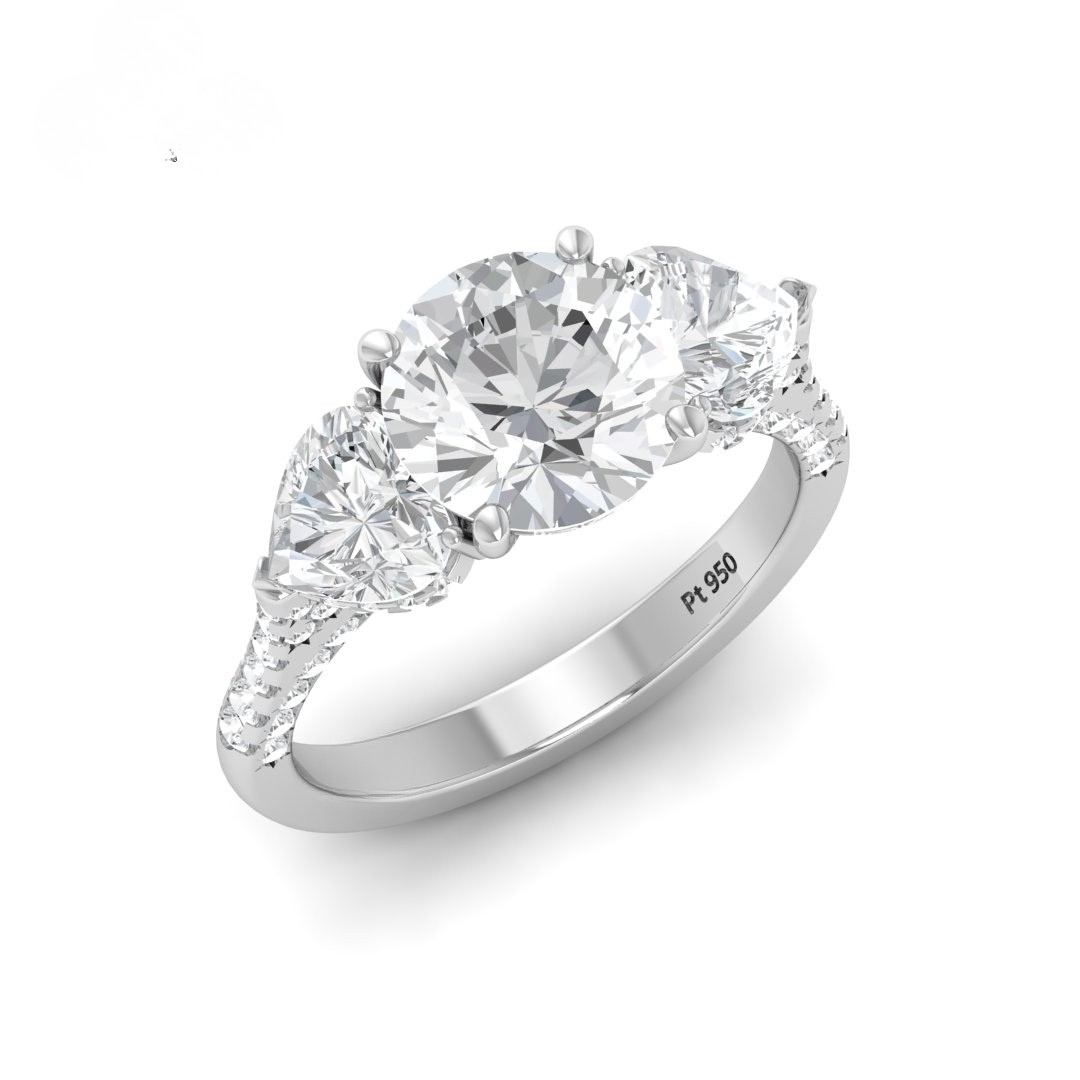 Vidhi Round Cut Diamond Engagement Ring with Heart Cut Side Diamonds and 3D Diamond Band