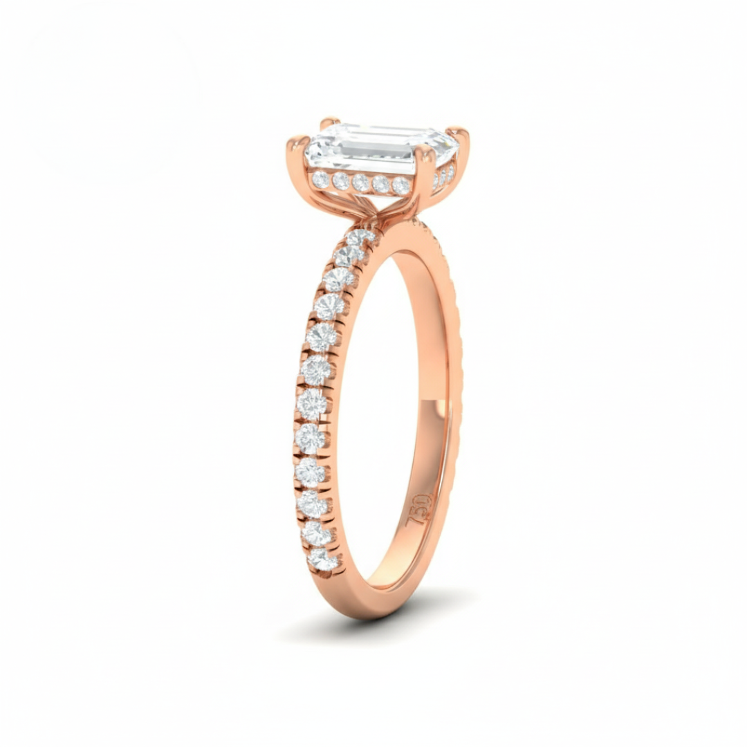 Lila Emerald Cut Diamond Engagement Ring with Diamond Hidden Halo and Diamond Band