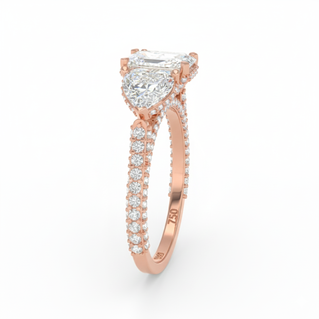 Vidhi Emerald Cut Diamond Engagement Ring with Heart Cut Side Diamonds and 3D Diamond Band