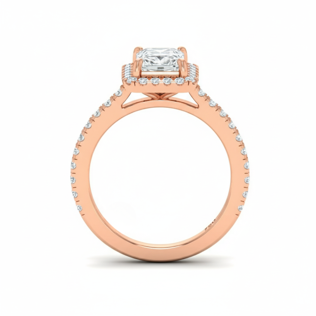 Belle Radiant Cut Diamond Engagement Ring with Diamond Halo & Diamond Band