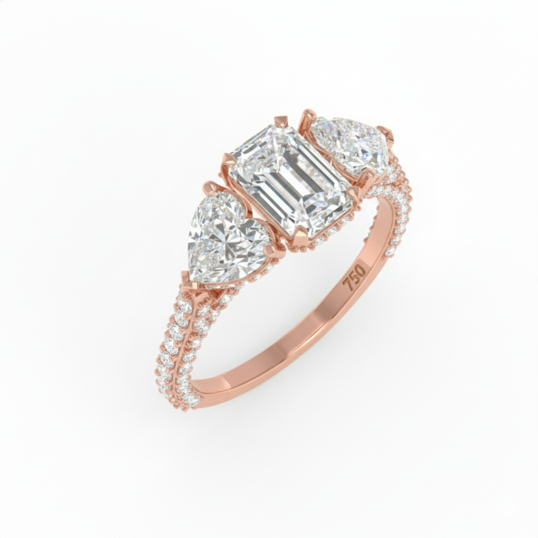 Vidhi Emerald Cut Diamond Engagement Ring with Heart Cut Side Diamonds and 3D Diamond Band