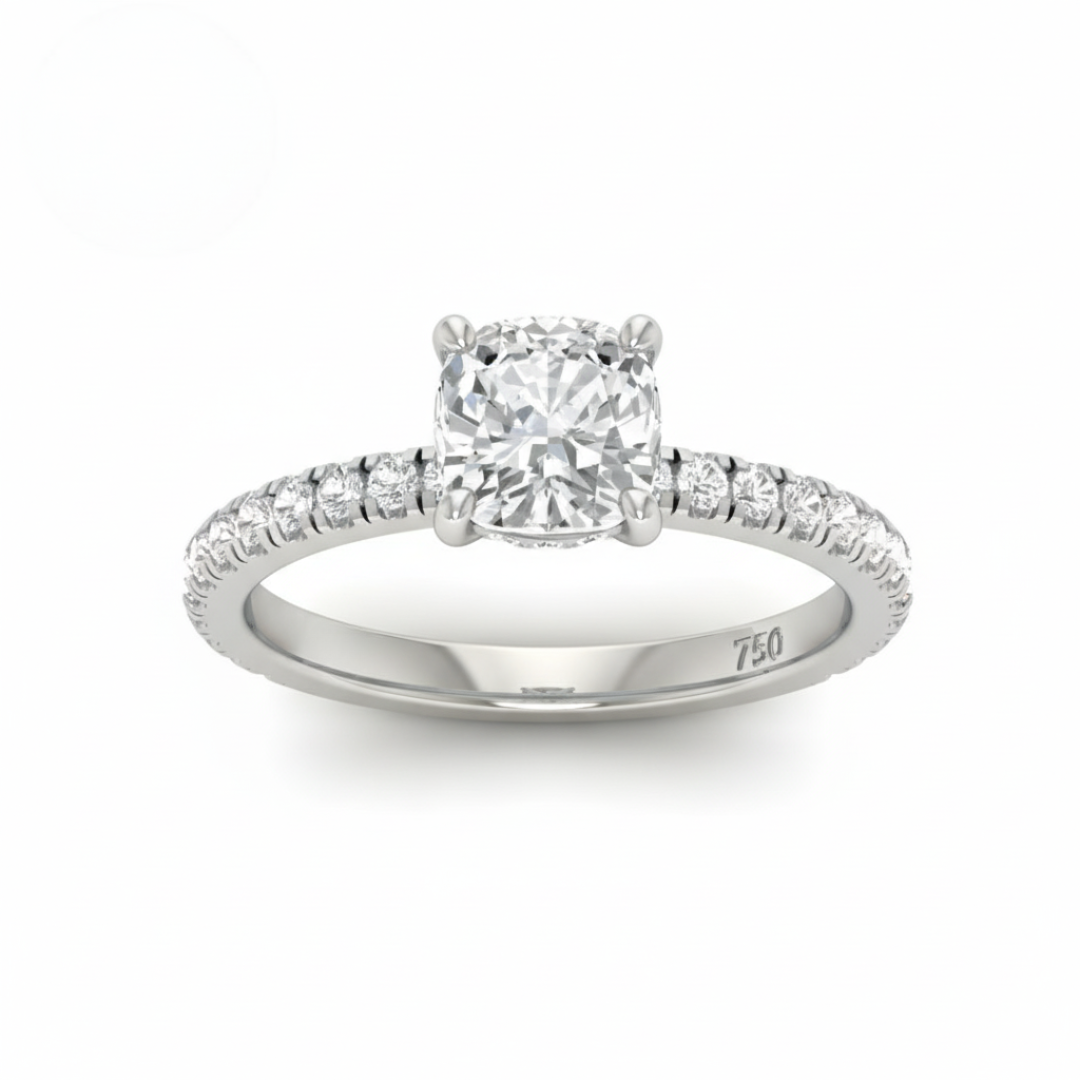 Lila Cushion Cut Diamond Engagement Ring with Diamond Hidden Halo and Diamond Band