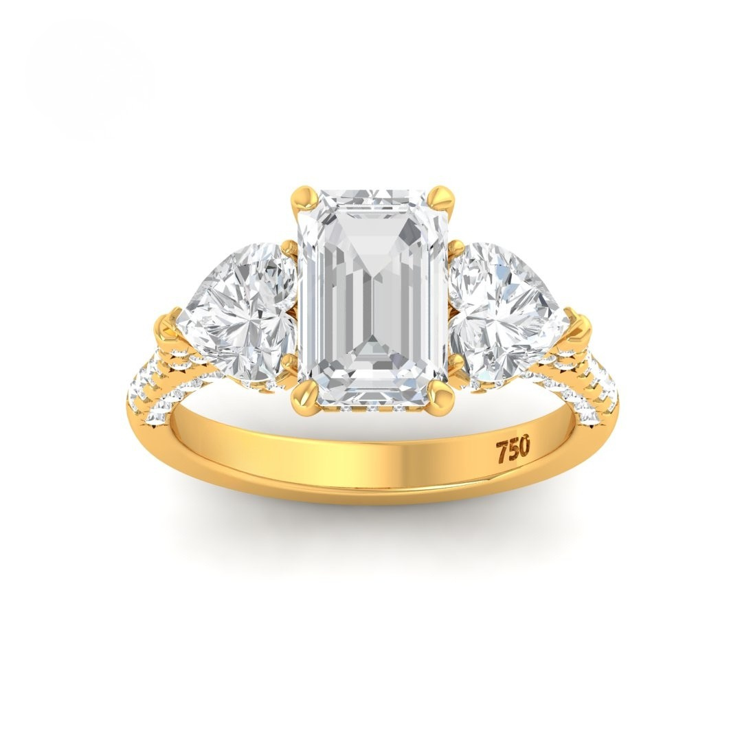 Vidhi Emerald Cut Diamond Engagement Ring with Heart Cut Side Diamonds and 3D Diamond Band