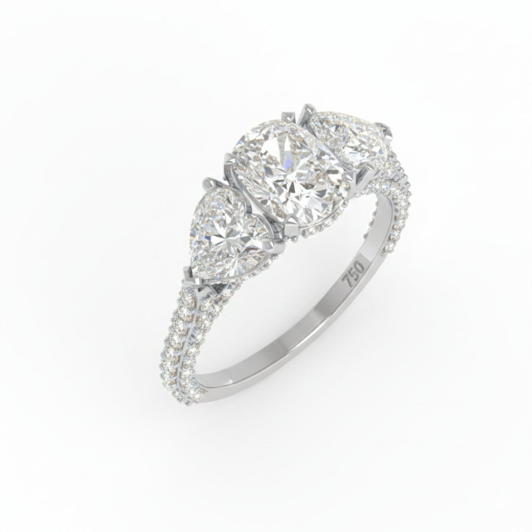 Vidhi Cushion Cut Diamond Engagement Ring with Heart Cut Side Diamonds and 3D Diamond Band